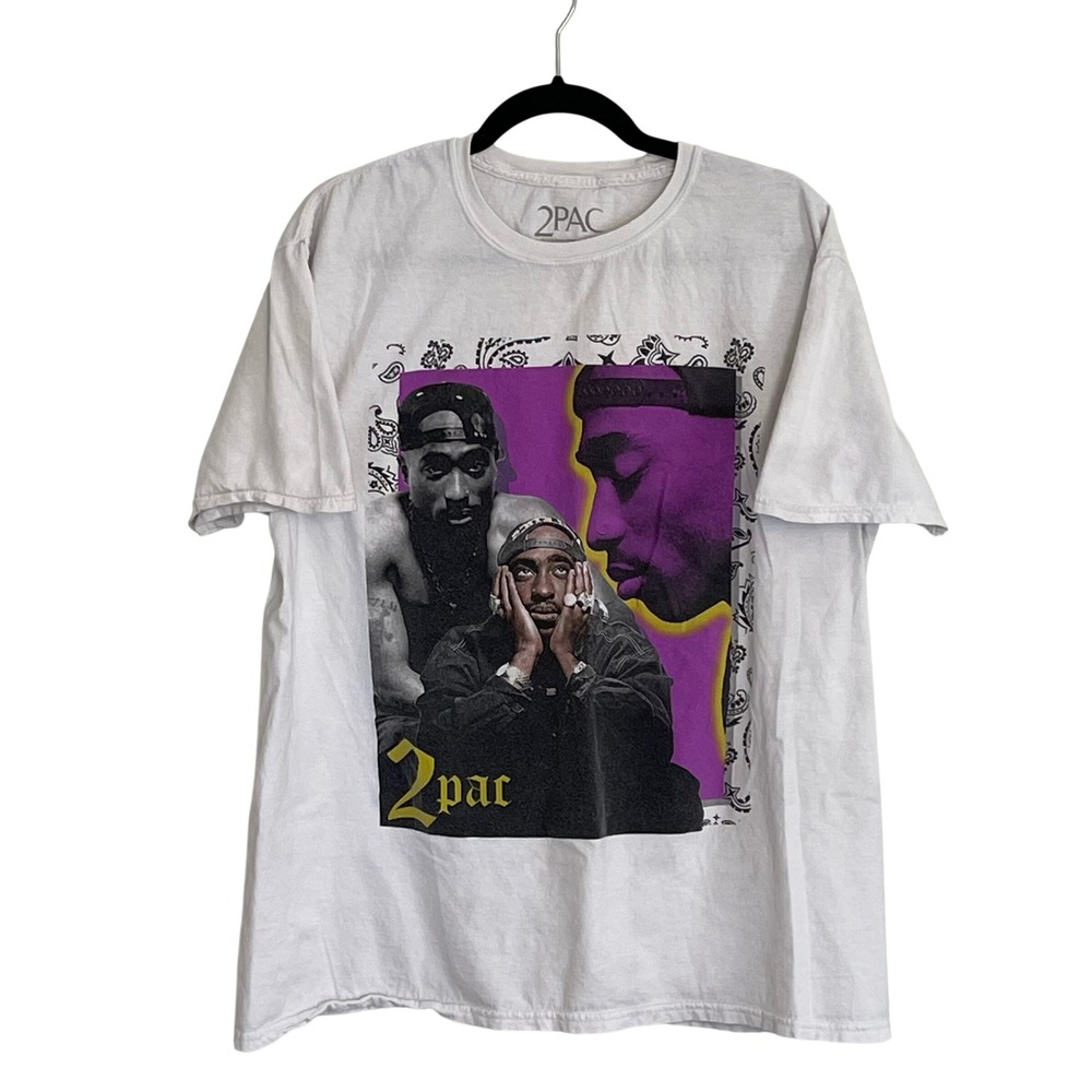 2Pac Shakur Graphic T-Shirt Mens XL White Purple Yellow Triple Portrait 2023‎